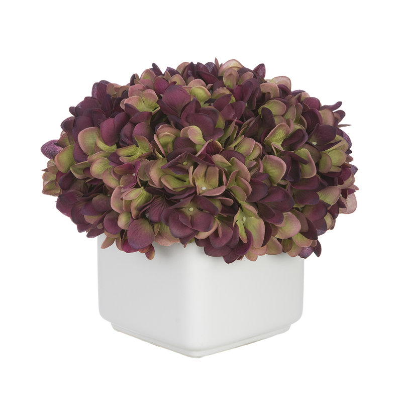 Hydrangea artificielle dans Small White Cube en céramique, Prune / Sauge