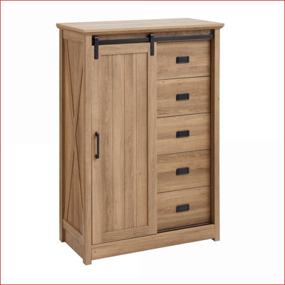 Dresser with 5 Drawers &amp; Sliding Barn Door, Farmhouse Modern Oak Tall Storage Organizer for Home | Farmhouse | MDF+Metal