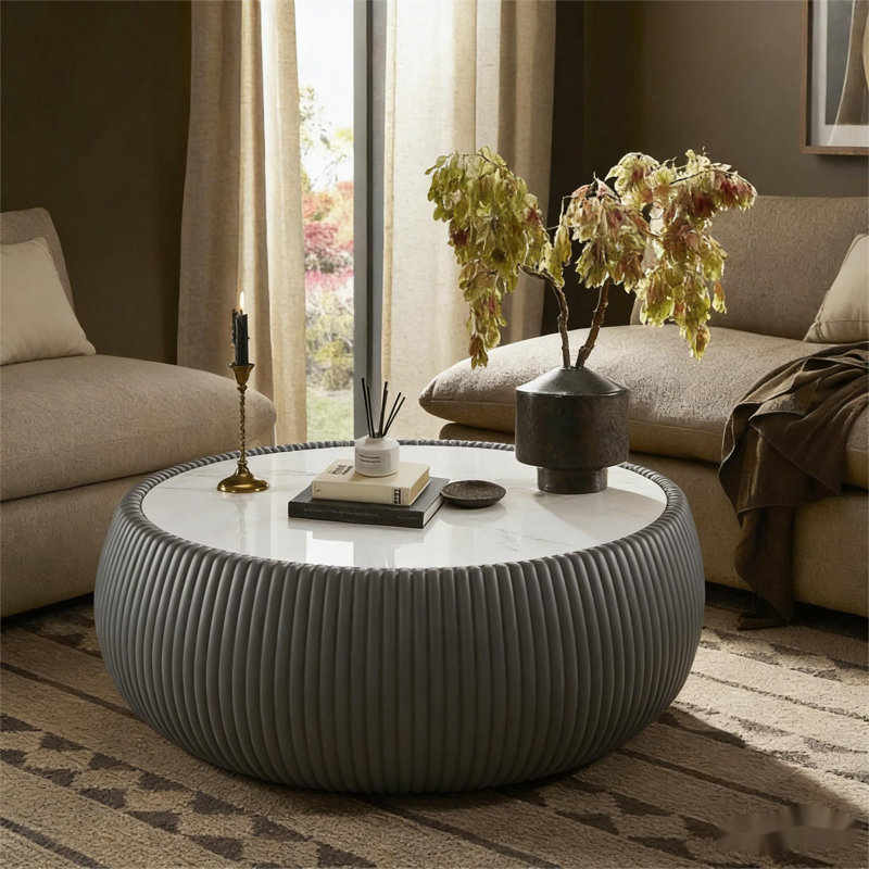 Table basse hybride en cuir et marbre, Gris