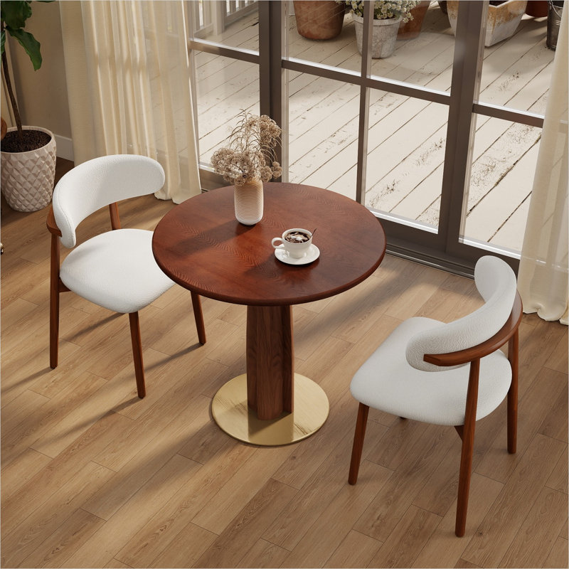 Table de salle à manger 2 places pour petits espaces, plateau en bois massif de 80 cm avec base en laiton, brun bois