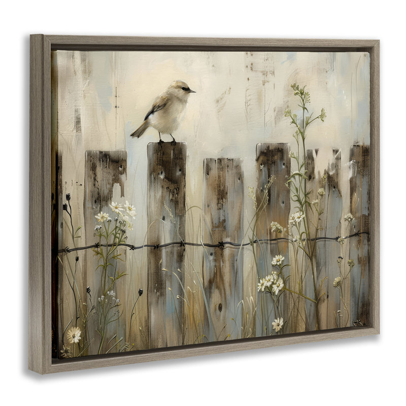  Art mural sur toile flottante avec clôture, oiseau perché à la campagne par Arlington Prints, H 17 po x l 21 po