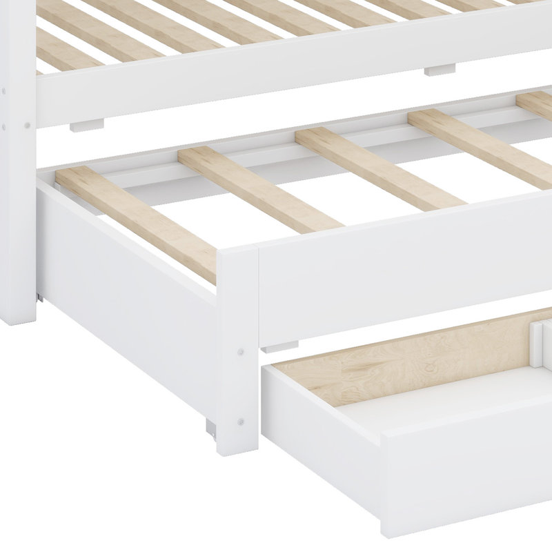 Whimsical House Design Bunk Bed with Guardrails, Expandable Trundle Base, and Built-In Drawer Storage