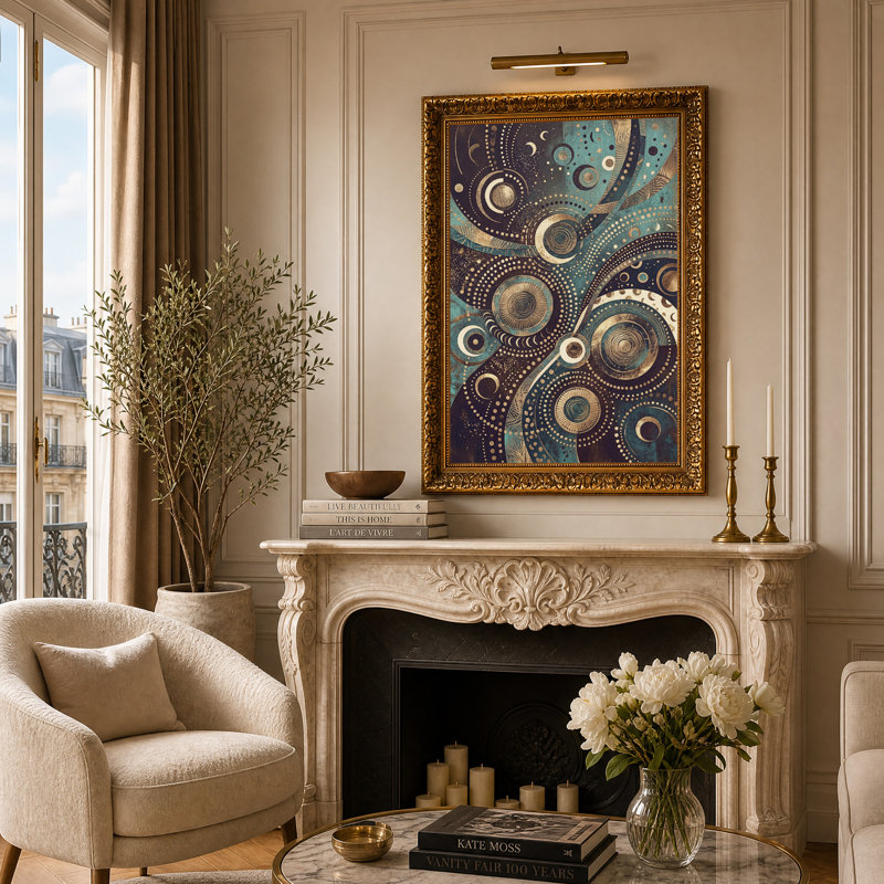 Tableau abstrait en toile représentant un cercle de phases lunaires turquoise et or, H 24 po x l 16 po