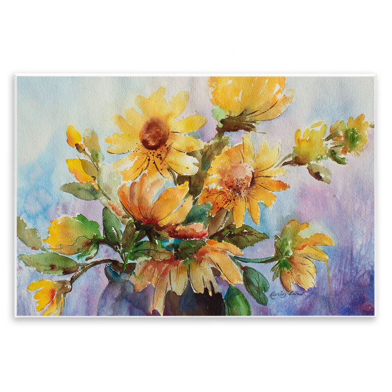 "Watercolor Daisies Vase", art mural sur bois par Karen Lind, H 10 po x l 15 po