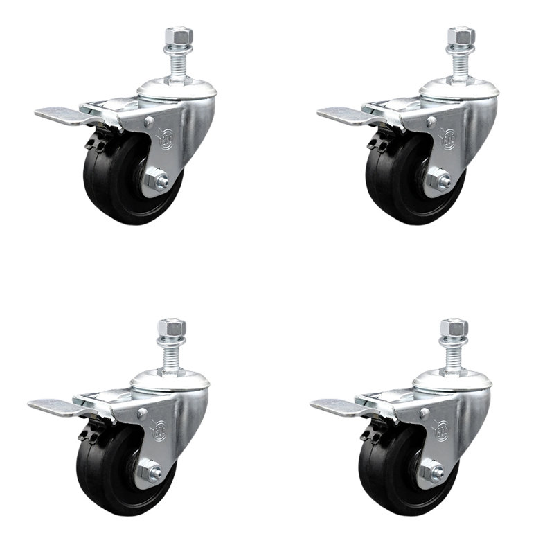 3.5 Inch SS Soft Rubber 3/8 Inch Threaded Stem Caster Set Total Lock Brake SCC