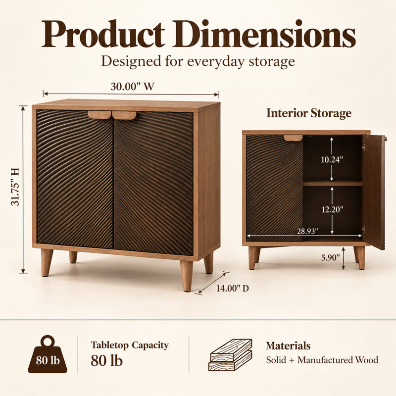 Asante Vintage Storage Accent Textured 2-Door Cabinet with with Wood Handles,Rich Brown