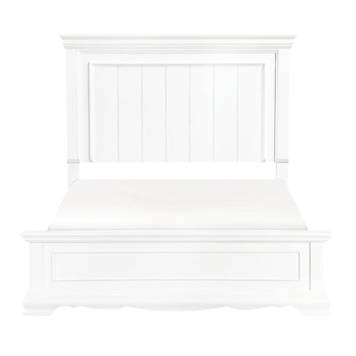 Structure de lit grand format avec finition blanche, conception élégante à panneaux, tête de lit et meubles de chambre à coucher, détails de sommier requis, nécessaire