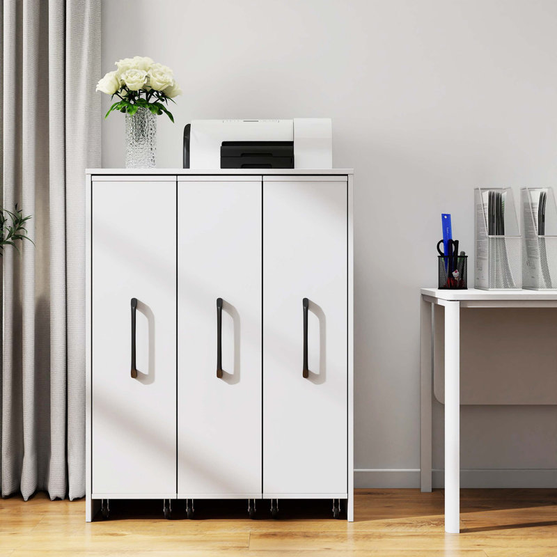 Floor-standing Bookcase with Slide-out Doors and Wheels, Hidden Storage File Cabinet