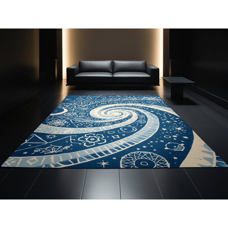 Tapis bleu moelleux doux à motif de blocs d'inspiration mondiale Sedgley, 2 x 4
