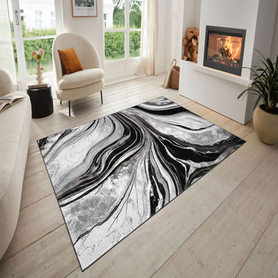 Modern Abstract Marble Area Rug – 100% Polyester Living Room Carpet, Antistatic, Soil & Water Repellent, Colourfast Indoor Rug
