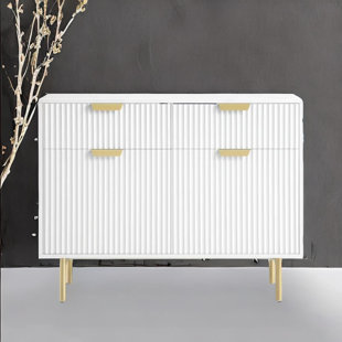 Modern White Bedroom Side Cabinet with Gold Metal Legs and Handles  Elegant Storage Console for Bedroom & Living Room