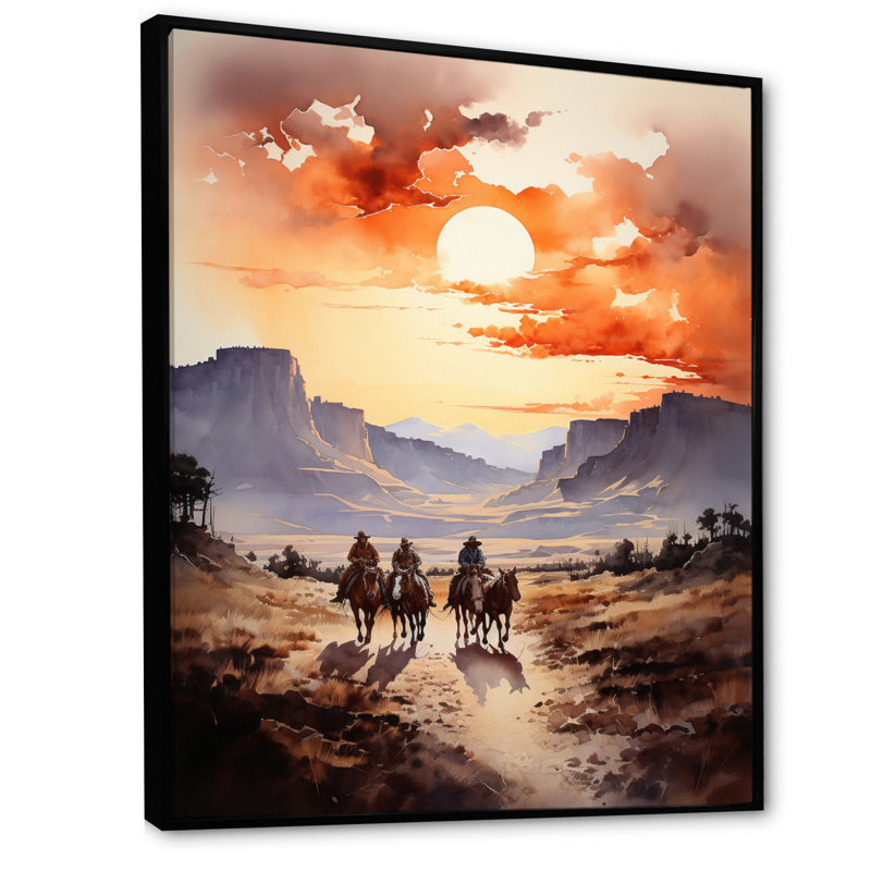 «Manelle Cowboy Chassing The Sunset III», reproduction sur toile, H 44 po x l 34 po, Cadre flottant noir
