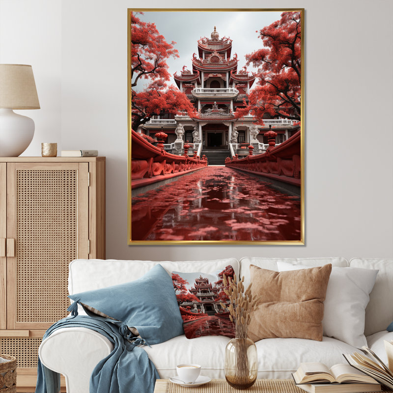 Opéra du Vietnam «Crimson I» sur toile, Cadre flottant doré, H 32 po x l 16 po x P 1 po