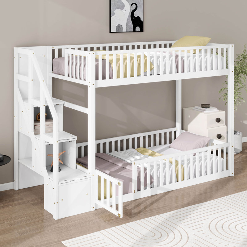 Twin Over Twin Bunk Bed With Door Fence And Storage Staircase, Wood Floor Bunk Bed Frame With Safety Guardrails, White