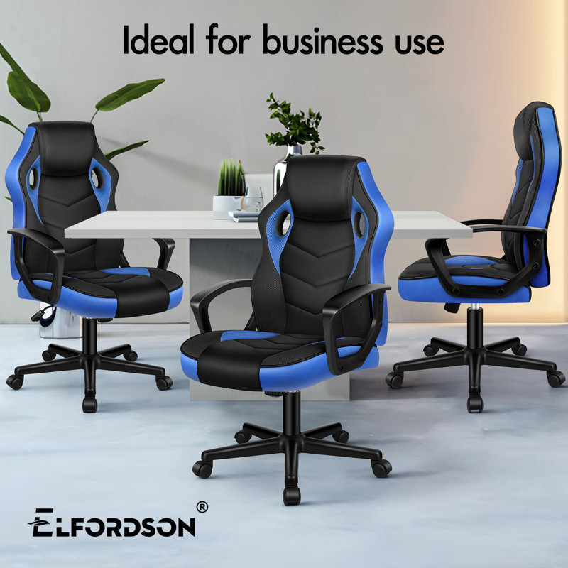Inbox Zero Adjustable Faux Leather Swiveling PC & Racing Game Chair, Blue