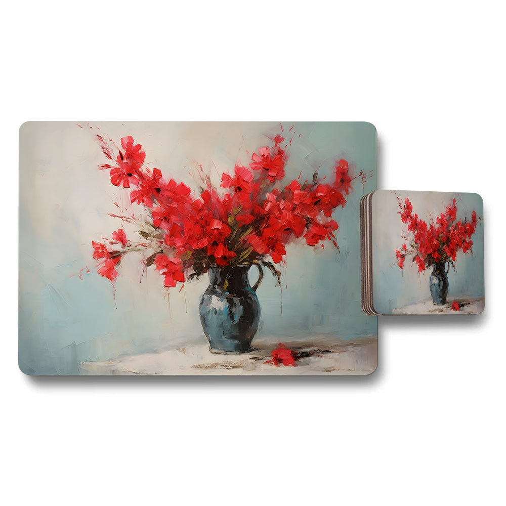 Red Floral Vase Placemat And Coaster Set With Blue Background