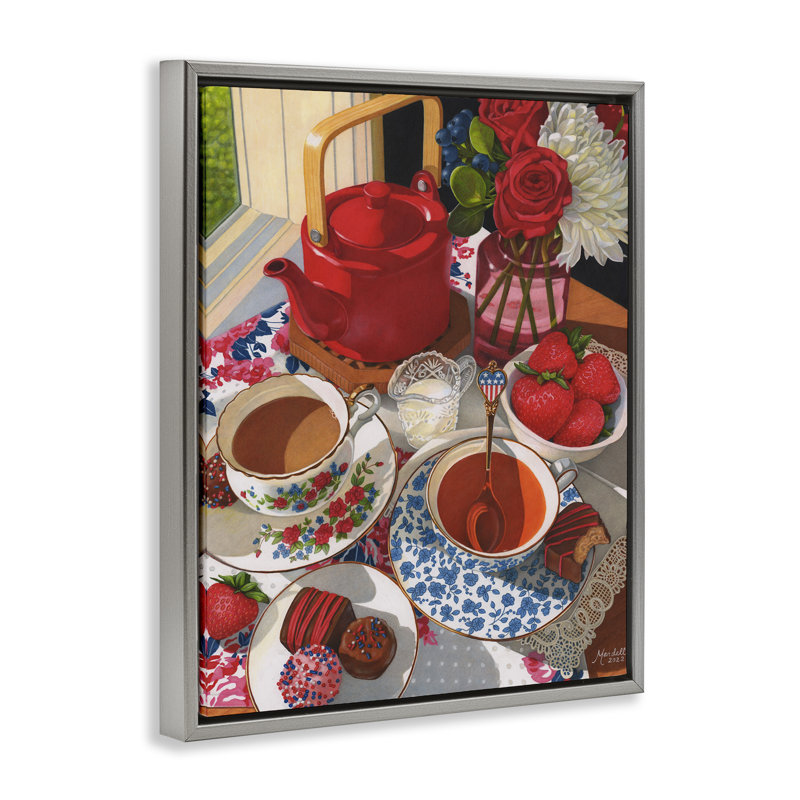 «Patriotic Tea Party» par Mardell Schuster, Cadre flottant gris lustré, H 21 po x l 17 po