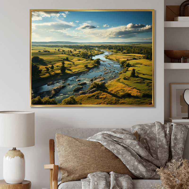 «Green Blue Illinois Landscape», reproduction sur toile, 30" H x 40" W, Cadre flottant doré