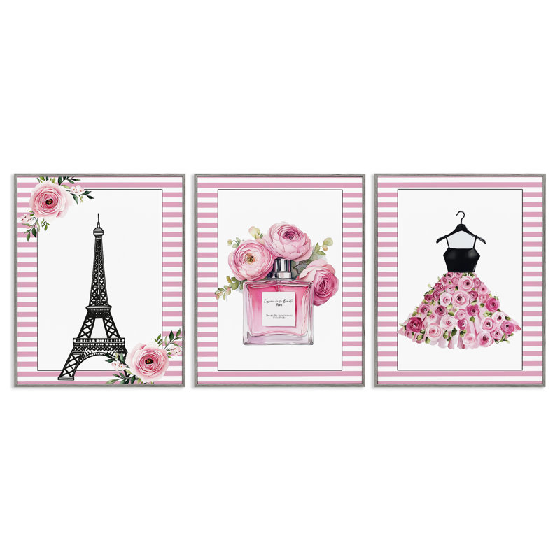 «Parisian Glam with Stripes», ensemble de 3 giclées encadrées, design par Christine Simpson Art, Estampe numérique Farmhouse