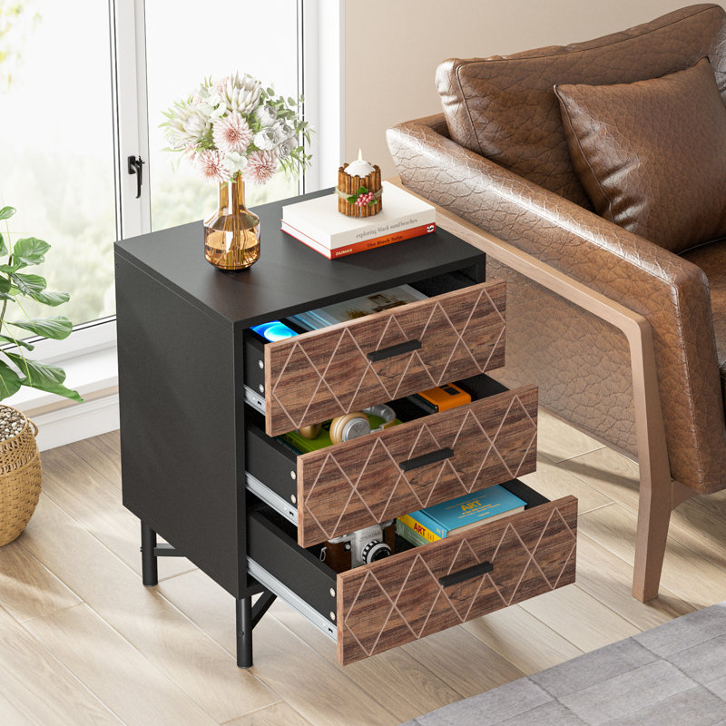 50cm W Metal Bedside Table, Black/Brown, Black