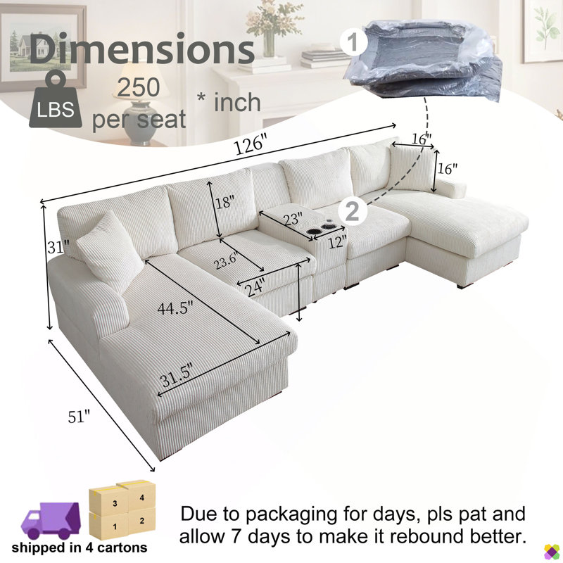 Loette 126" Corduroy U-shape Sectional Sofa, Cup Holder & Console Box, Beige Corduroy