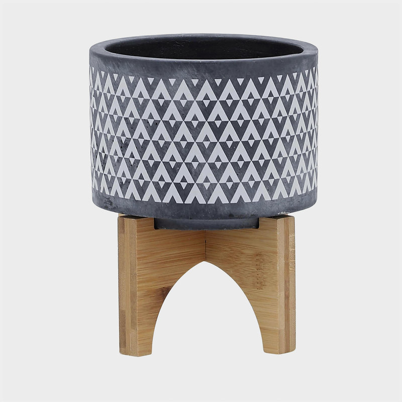 Ceramic 5" Aztec Planter on Wooden Stand, Gray, 6" H x 5" W x 5" D