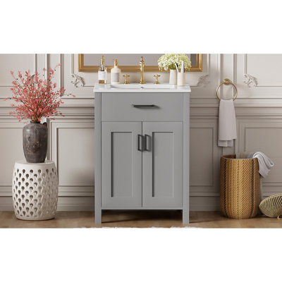 Meuble-lavabo de salle de bain 24 po avec lavabo en céramique, cadre, finition de peinture exquise, portes à fermeture douce, rangement réglable et poignées en aluminium noir pour une solution de rangement intelligent de 24 po, structure en bois massif,