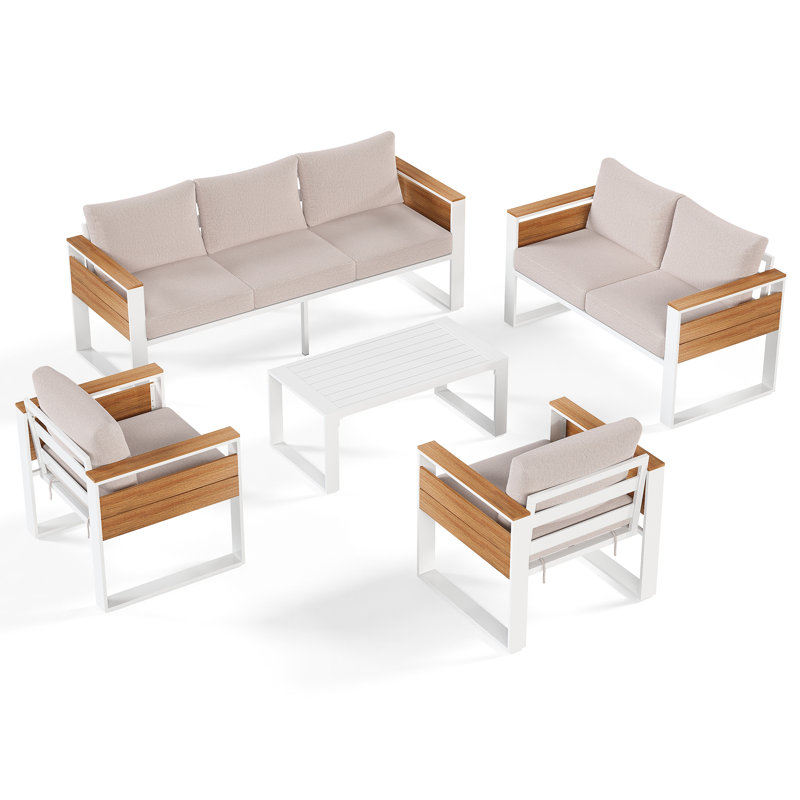 7-Person Aluminum Patio Sectional Conversation Set, 5 Pcs: Sofa, Loveseat, 2 Chairs, Table