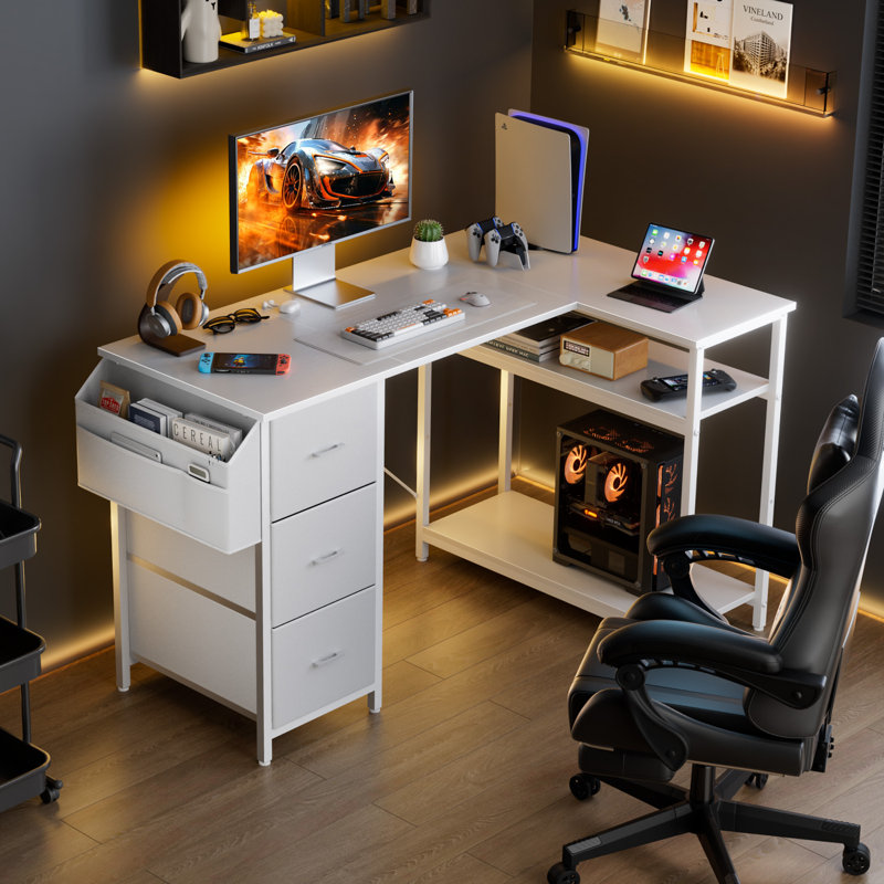 47 inch L-Shaped Computer Desk With Storage Bag & 3 Fabric Drawers, Modern Home Office Corner Desk With Storage Shelves, Space-Saving Workstation For Bedroom, Study & Small Spaces,White