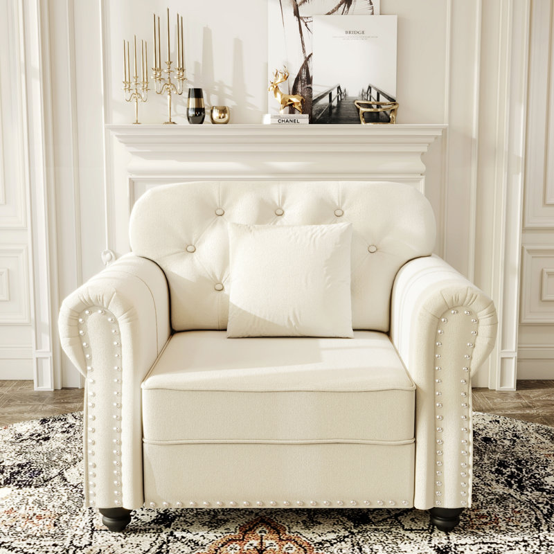 Chaise rembourrée avec garniture cloutée, fauteuil Chesterfield capitonné, 1 oreiller, Velours beige, Non