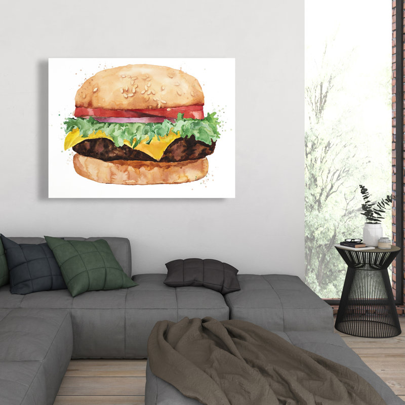 Watercolor All Dressed Cheeseburger - Kitchen Canvas Art