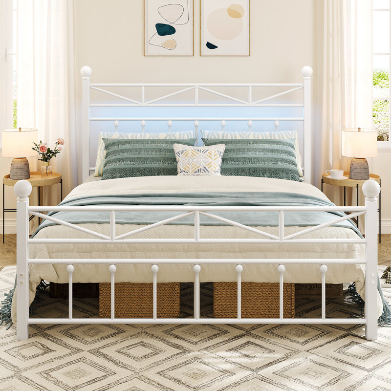 53.6" H Metal Platform Bed with LED Lights and Vintage Headboard, White, Queen