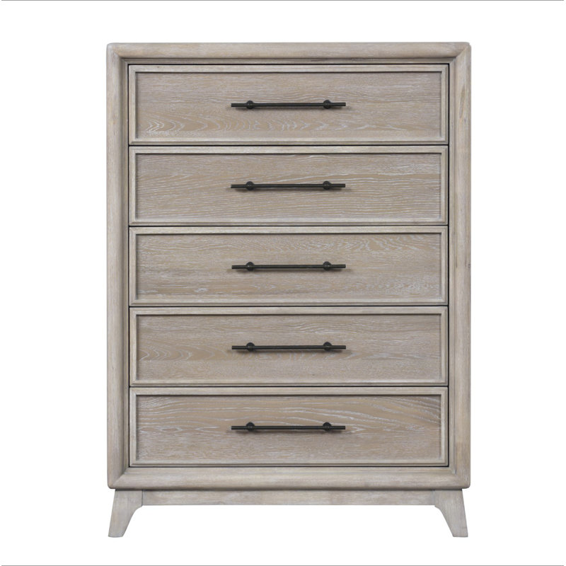 Mobilier de chambre à coucher de style transitionnel avec poignées en métal à 1 poignée en angle et tiroirs en queue d'aronde avec roulement à billes et finition chêne