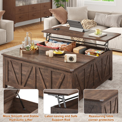 43.3" Farmhouse Lift Top Coffee Table With Hidden Storage, Square Rustic Wood Coffee Table With Hydraulic Lift Mechanism