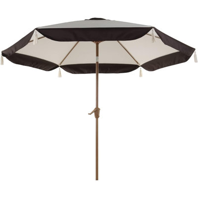 9ft Patio Umbrella With Fringe, Outdoor Tassel Umbrella With Push-button Tilt For Poolside, Deck, Garden, Beige And Coffee