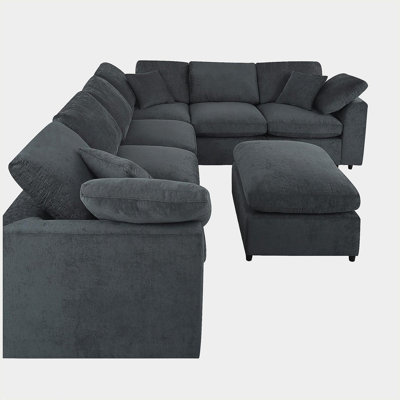 U_Style 124.8" Extra Large 7-Seater Modular Sectional Sofa with L-Shape Design & Movable Ottoman, Plush Chenille Fabric + Solid Pine Wood Frame for Living Room, Office, Spacious Space
