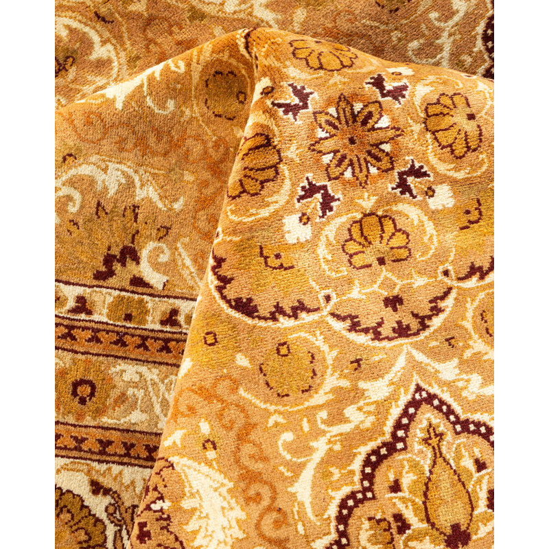 Tapis unique en laine noué à la main 8 pi 1 po x 10 pi 5 po nouvel âge Hine - crème / jaune / brun