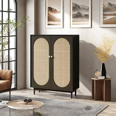 Solid Wood Rattan Woven Porch Cabinet Accent Cabinet