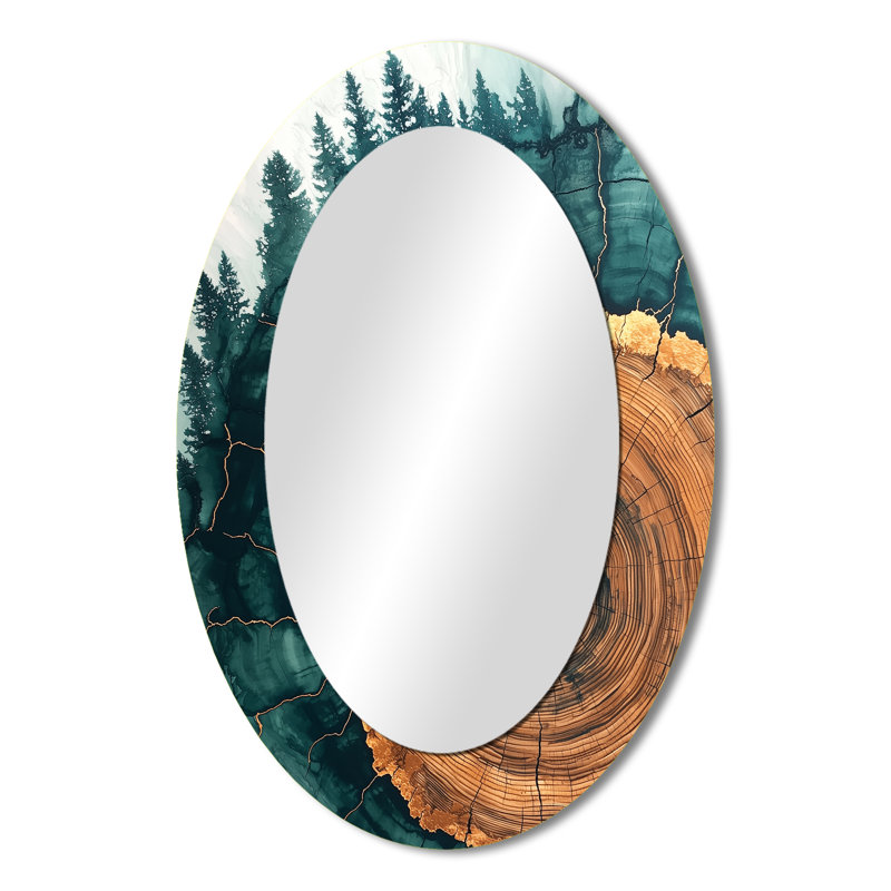 Forêt émeraude ondulant à travers les bois I - grand miroir mural ovale sur métal, 36 po x 24 po