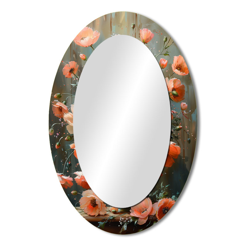 Pink Grey Poppies Flowers Still Life Charm III - Modern Oval Wall Mirror, 36" x 24"