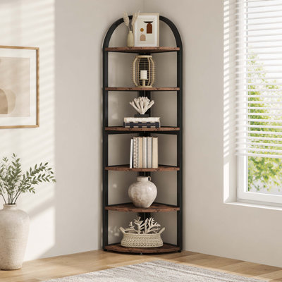 Étagère de rangement en coin à 6 niveaux avec arche ouverte, support de présentation autoportant en forme de ventilateur avec cadre en bois rustique et pieds réglables anti-basculement pour les petits coins de la chambre à coucher