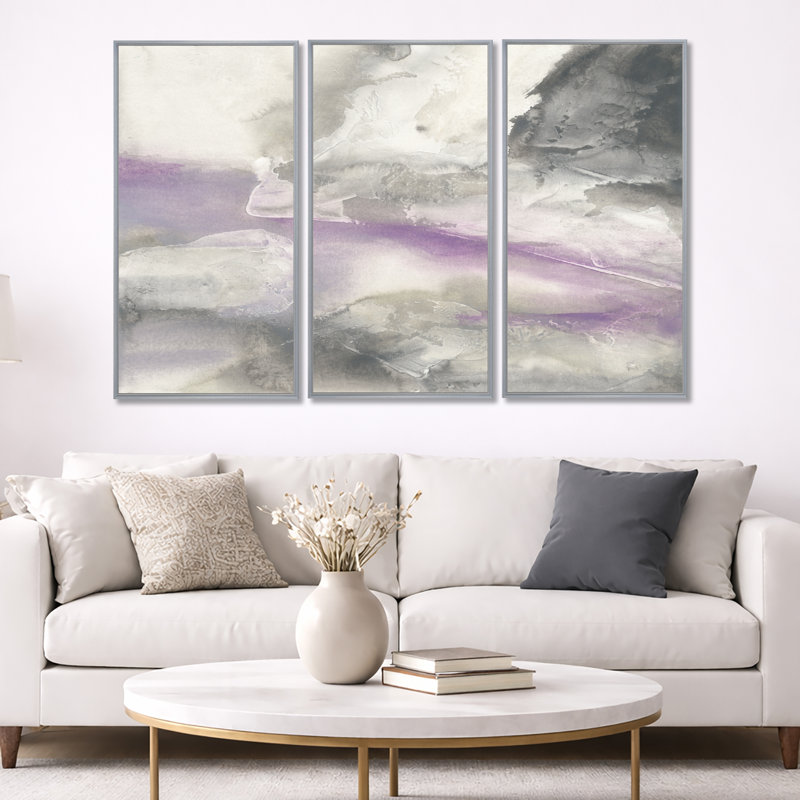 «Watercolor Minimal Purple Tones I», ensemble d'art mural sur toile encadré de ferme, H 40 po x l 60 po, Argent argent
