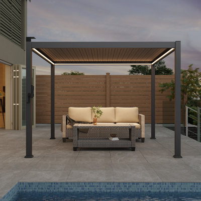 Pergola extérieure imperméable avec lumières à DEL, pergola en métal antirouille avec toit réglable pour un abat-jour résistant aux intempéries