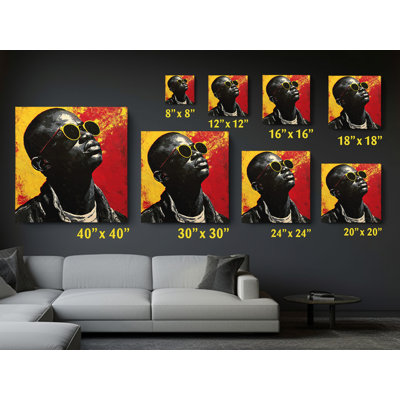 Modern Pop Art Canvas Wall Art, Vibrant Portrait of Black Man with Yellow Sunglasses, Red and Yellow Urban Home Decor for Living Room