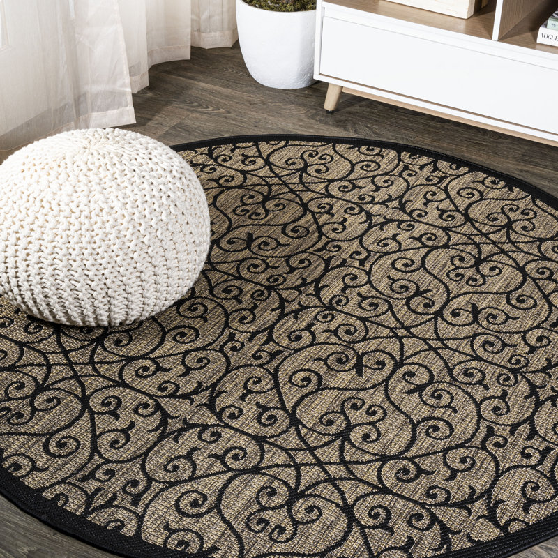 Tapis intérieur / extérieur noir / kaki Haggerty, Rond 7 pi 9 po
