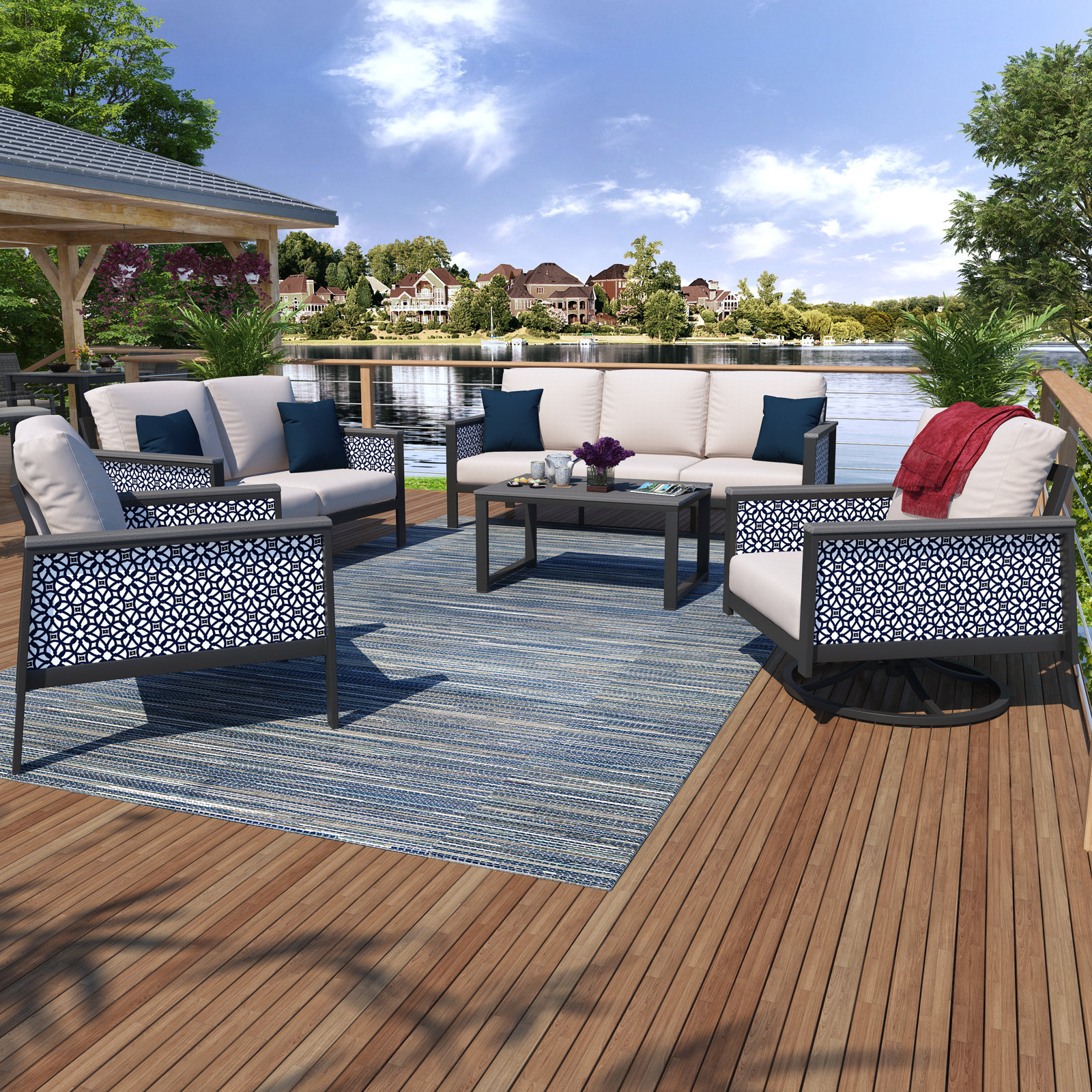 Townsend 7-Person Patio Seating Group, Canvas White/Lux Indigo Fabric