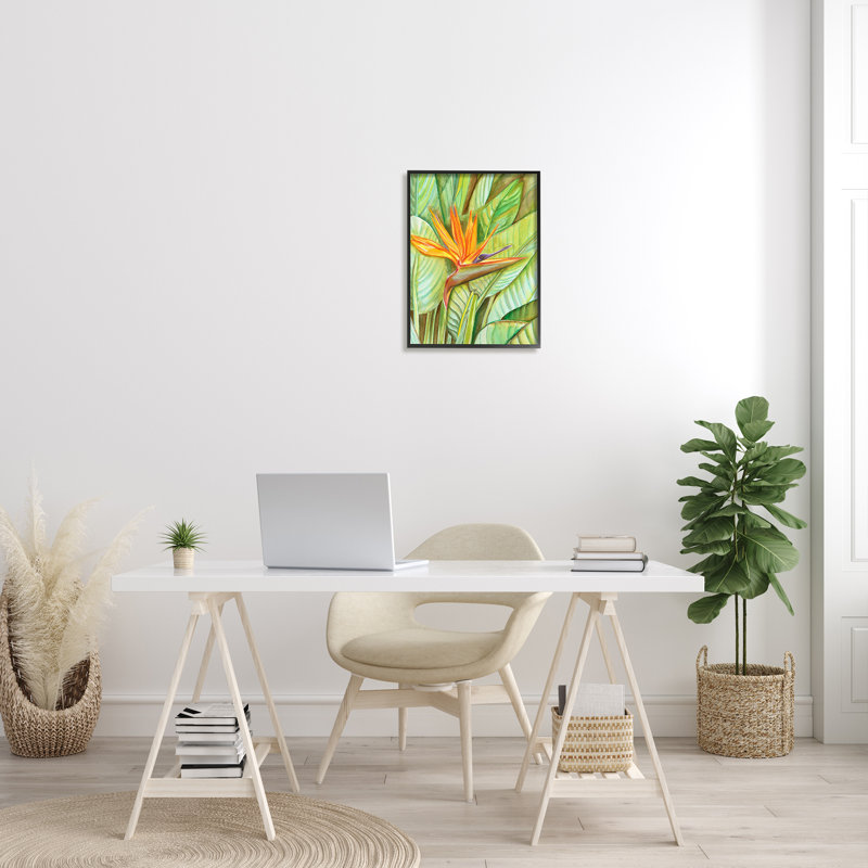 Fleur oiseau de paradis, H 20 po x l 16 po x P 1,5 po, Giclée encadrée noir minuit
