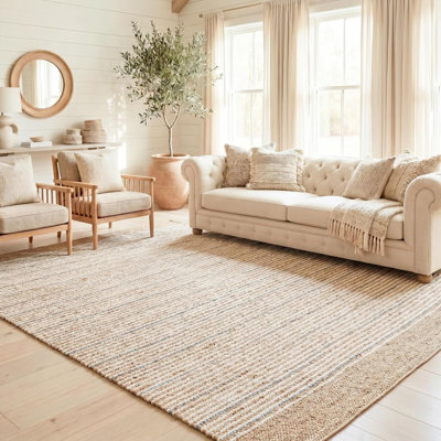 Tapis rayé en jute Remi pour chambre à coucher et salon en brun, blanc et gris