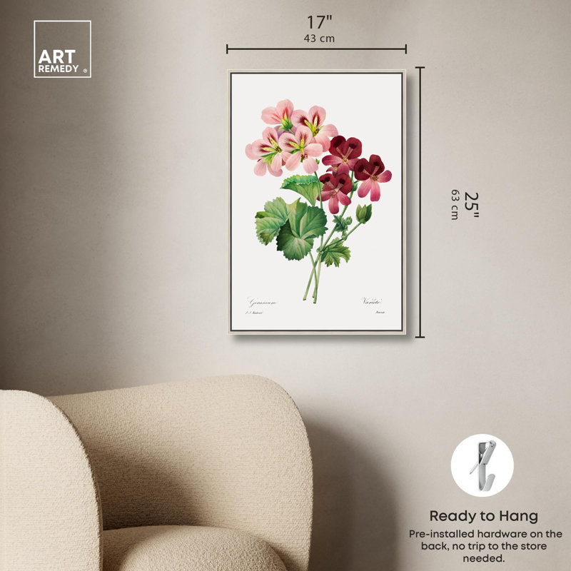 Art Remedy, impressions sur toile, géranium, 1827, H 25 po x l 17 po, Encadrement argenté
