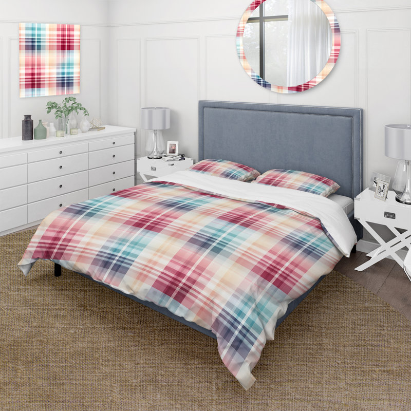 Literie bleue et rose à motif rétro écossais, Housse de couette pour très grand lit et 2 très